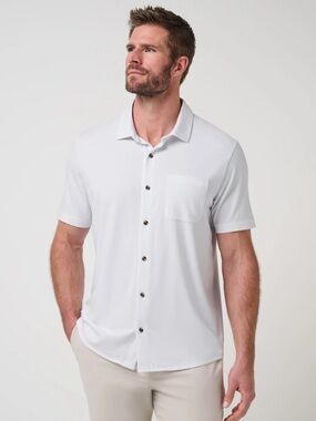 Travis Mathew White Short Sleeve Button-Up | “Back to Comfortknit Beach Club”